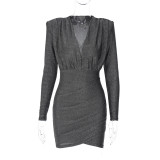 V-Neck Pleated Shoulder Pad Long Sleeve Dress BLG-D2910379K