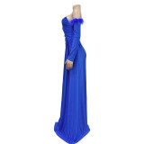 Long Sleeve Pleated Backless Split Maxi Dress BY-6797