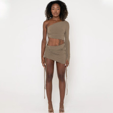 Single Shoulder Long Sleeve Crop Tops 2 Piece Skirt Set BLG-S2810040K
