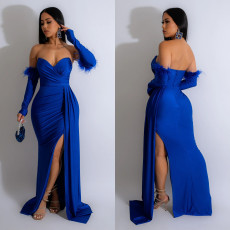 Long Sleeve Pleated Backless Split Maxi Dress BY-6797