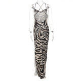 Print Patchwork Backless Sling Split Maxi Dress BLG-D248260A