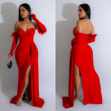 Long Sleeve Pleated Backless Split Maxi Dress BY-6797