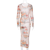 Mesh Print See Through Long Dress BLG-D3512632K