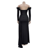 Long Sleeve Pleated Backless Split Maxi Dress BY-6797