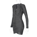 V-Neck Pleated Shoulder Pad Long Sleeve Dress BLG-D2910379K