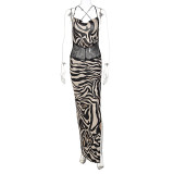 Print Patchwork Backless Sling Split Maxi Dress BLG-D248260A