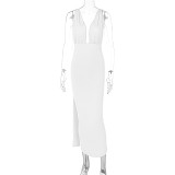 Sexy Deep V Neck Pleated Long Dress BLG-D3312194A