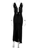 Sexy Deep V Neck Pleated Long Dress BLG-D3312194A