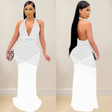 Mesh Hot Drill Backless Maxi Dress BY-6736