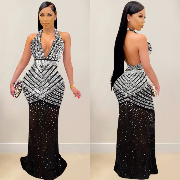 Mesh Hot Drill Backless Maxi Dress BY-6736