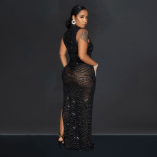 Sleeveless Mesh Hot Drill Maxi Dress BY-6718