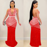 Mesh Hot Drill Backless Maxi Dress BY-6736