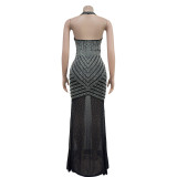 Mesh Hot Drill Backless Maxi Dress BY-6736