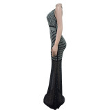 Mesh Hot Drill Backless Maxi Dress BY-6736