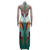 Print Halter Tie Up Backless Maxi Dress BY-6763