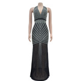 Mesh Hot Drill Backless Maxi Dress BY-6736
