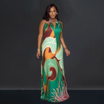 Print Halter Tie Up Backless Maxi Dress BY-6763