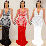 Mesh Hot Drill Backless Maxi Dress BY-6736