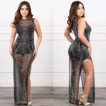 Sleeveless Hot Drill Mesh Split Maxi Dress BY-6733