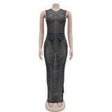 Sleeveless Hot Drill Mesh Split Maxi Dress BY-6733