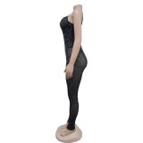 Sleeveless Mesh Hot Drill Sling Jumpsuit BY-6780