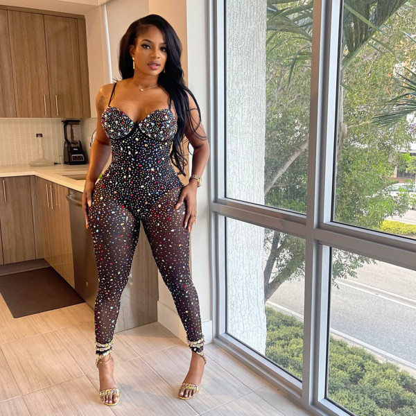 Sleeveless Mesh Hot Drill Sling Jumpsuit BY-6780
