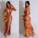 Solid Stamped Long Sleeve Pleated Maxi Dress BY-6766