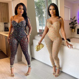 Sleeveless Mesh Hot Drill Sling Jumpsuit BY-6780