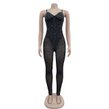 Sleeveless Mesh Hot Drill Sling Jumpsuit BY-6780