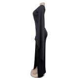 Solid Color Long Sleeve Split Pleated Long Dress BY-6772