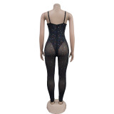 Sleeveless Mesh Hot Drill Sling Jumpsuit BY-6780