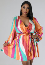 Casual Print Long Sleeve Tie Up Midi Dress 2XHXF-389