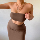 Solid Color Wrap Chest Tops Two Piece Skirt Set BLG-S155164A