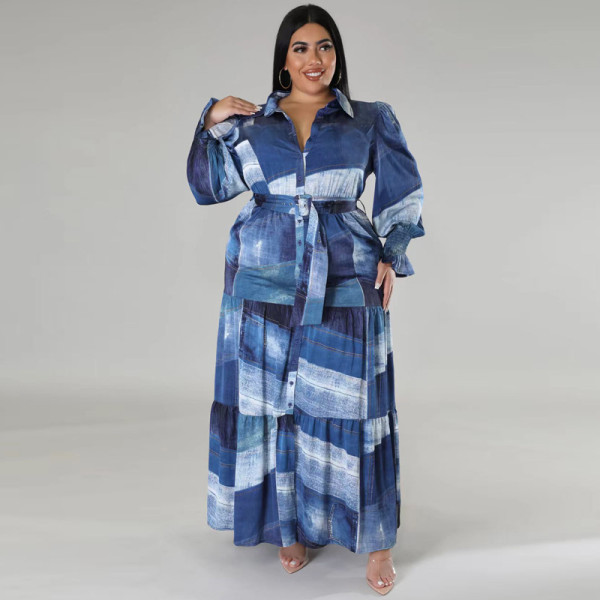 Plus Size Print Long Sleeve Lapel Maxi Dress GDAM-218285