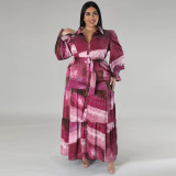 Plus Size Print Long Sleeve Lapel Maxi Dress GDAM-218285