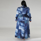 Plus Size Print Long Sleeve Lapel Maxi Dress GDAM-218285