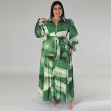 Plus Size Print Long Sleeve Lapel Maxi Dress GDAM-218285