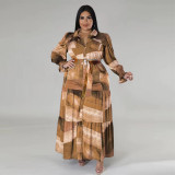 Plus Size Print Long Sleeve Lapel Maxi Dress GDAM-218285