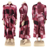 Plus Size Print Long Sleeve Lapel Maxi Dress GDAM-218285