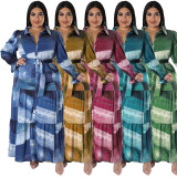 Plus Size Print Long Sleeve Lapel Maxi Dress GDAM-218285