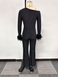 Slash Shoulder Feather Patchwork Jumpsuit NY-10688