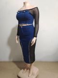 Fashion Mesh Patchwork Denim Two Piece Skirts Set GAKF-A31003