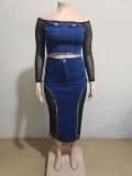 Fashion Mesh Patchwork Denim Two Piece Skirts Set GAKF-A31003