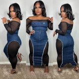 Fashion Mesh Patchwork Denim Two Piece Skirts Set GAKF-A31003