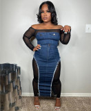Fashion Mesh Patchwork Denim Two Piece Skirts Set GAKF-A31003