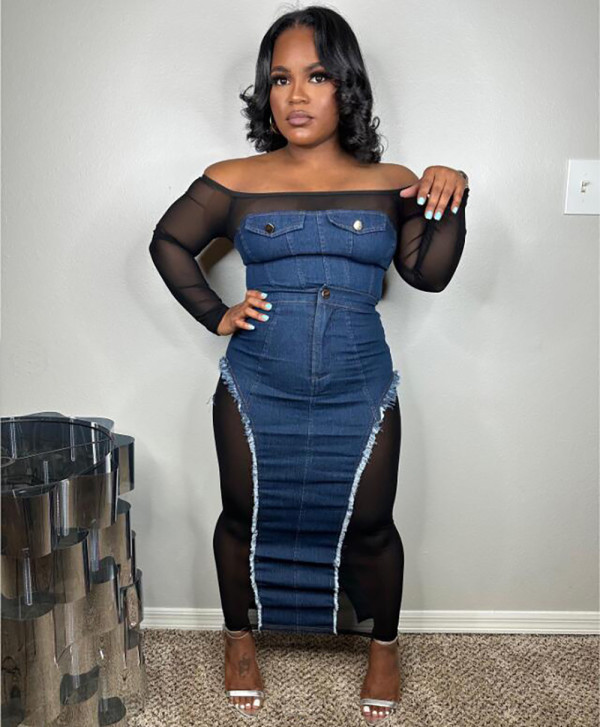 Fashion Mesh Patchwork Denim Two Piece Skirts Set GAKF-A31003