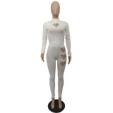 Heart Hot Drill Solid Color Set Two Piece Pants Set BN-9439