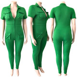 Plus Size Solid Short Sleeve Pocket Zipper Jumpsuit YNSF-1812