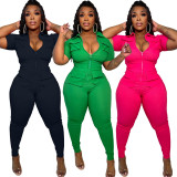 Plus Size Solid Short Sleeve Pocket Zipper Jumpsuit YNSF-1812