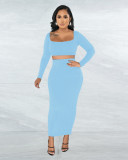 Square Neck Solid Long Sleeve Skirt Two Piece Set ME-8280